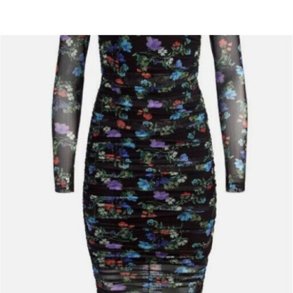 ALICE + OLIVIA DELORA FLORAL RUCHED STRETCH MESH BODY-CON BLACK DRESS sz 4 - Picture 9 of 11